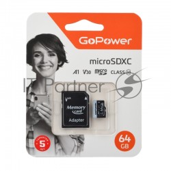 Карта памяти GoPower microSD Class10 V30 64GB + SD адаптер (черный)