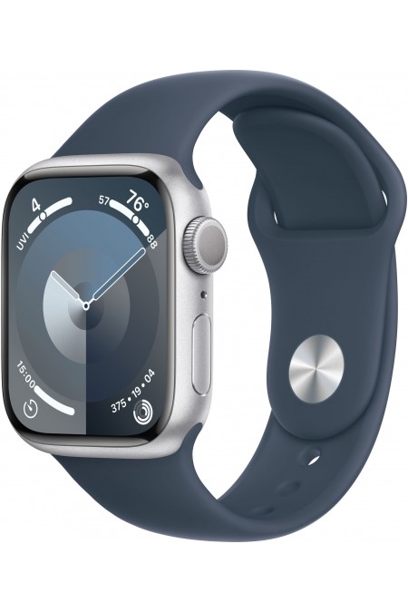 Умные часы Apple Watch Series 9 GPS 45 мм Aluminium Case with Sport Band (S/M) (серебристый/штормовой синий) 