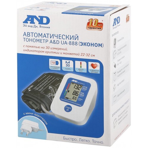 Тонометр AND UA-888AC c манжетой 23-37 см и сетевым адаптером (белый) 