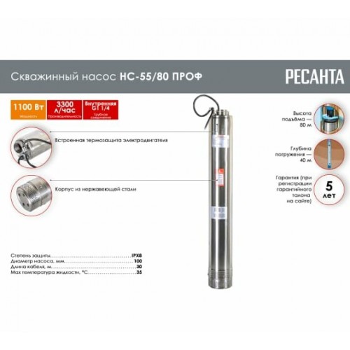 Насос скважинный Ресанта НС-55/80 ПРОФ (77/3/2) 1