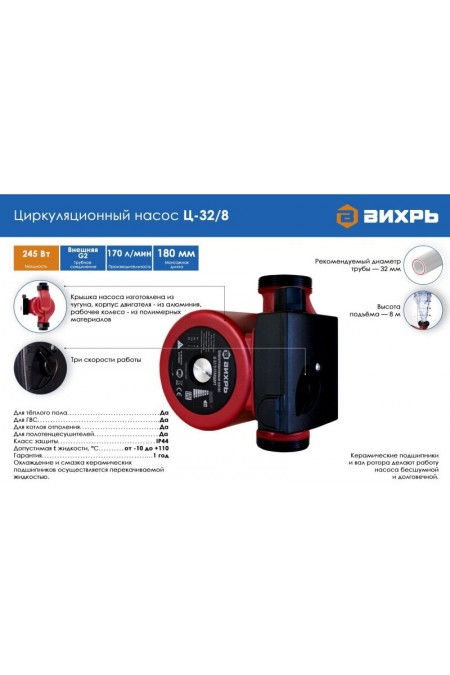 Насос циркуляционный Вихрь Ц-32/8 СТАНДАРТ (68/7/10) 7