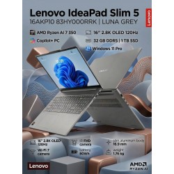 Ноутбук Lenovo IdeaPad Slim 5 16AKP10 AMD Ryzen AI 7 350, 2.0 GHz - 5.0 GHz, 32768 Mb, 16&quot 2.8K OLED 2880x1800, 1000 Gb SSD, AMD Radeon 860M, Windows 11 Professional (83HY000VRK_Win11P) (серый)