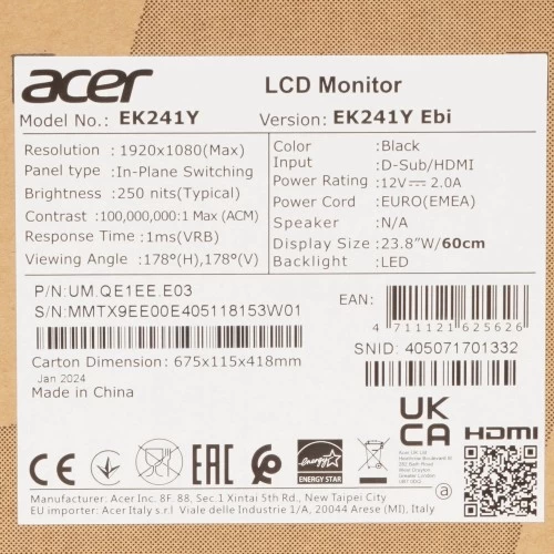 Монитор Acer EK241YEbi (черный) 7