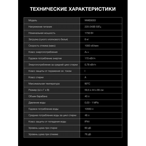 Стиральная машина Hyundai WME6003 (белый) 6