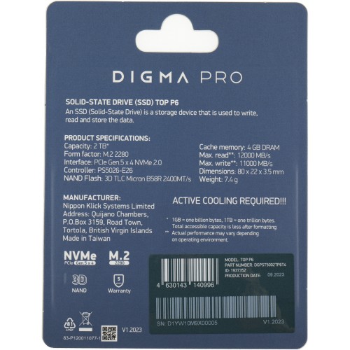Внутренний SSD DIGMA Pro Top P6 2 ТБ M.2 (DGPST5002TP6T4) 1