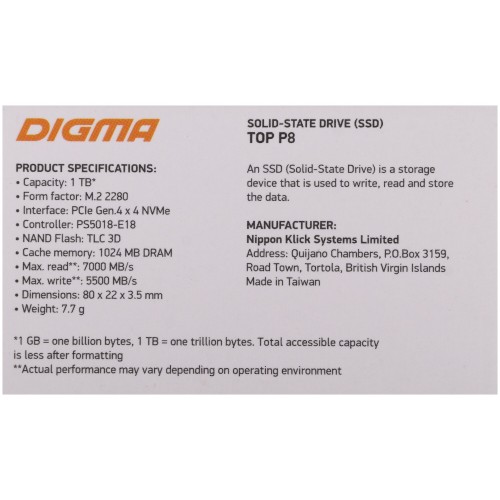 Внутренний SSD Digma Top P8 1 ТБ M.2 2280 (DGST4001TP83T) 3