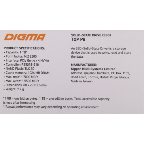 Внутренний SSD Digma Top P8 1 ТБ M.2 2280 (DGST4001TP83T) 5