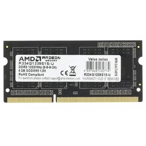 Оперативная память AMD Radeon R3 Value 4 ГБ DDR3 1333 МГц SODIMM CL9 (R334G1339S1S-U) 