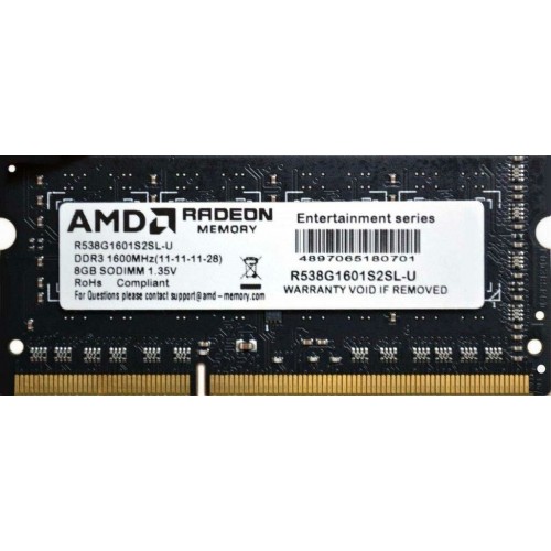 Оперативная память AMD Radeon R5 Entertainment Series 8 ГБ DDR3 1600 МГц SODIMM CL11 (R538G1601S2SL-U) 8