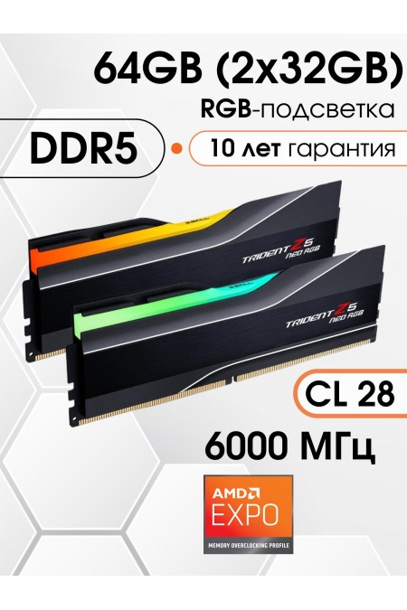 Оперативная память G.SKILL Trident Z5 Neo RGB 64 ГБ (32 ГБ x 2 шт.) DDR5 6000 МГц DIMM CL28 (F5-6000J2836G32GX2-TZ5NR) 