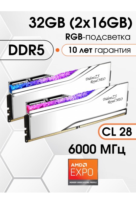 Оперативная память G.SKILL Trident Z5 Royal Neo RGB 32 ГБ (16 ГБ x 2 шт.) DDR5 6000 МГц DIMM CL28 (F5-6000J2836G16GX2-TR5NS) 