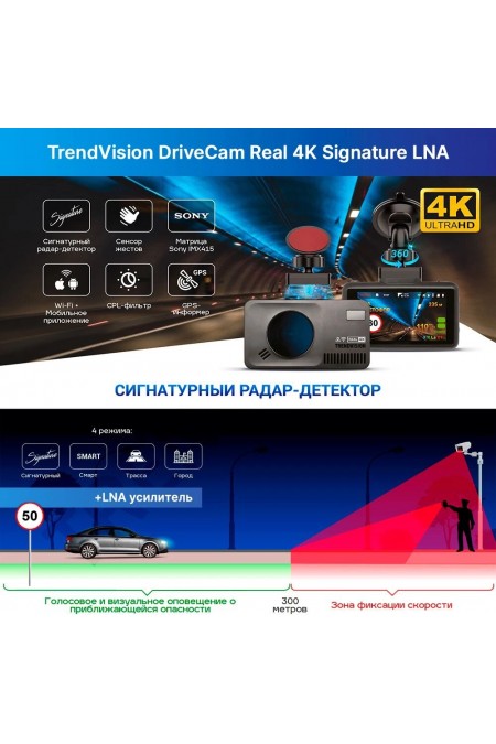 Видеорегистратор с радар-детектором TrendVision DriveCam Real 4K Signature LNA GPS ГЛОНАСС (черный) 1