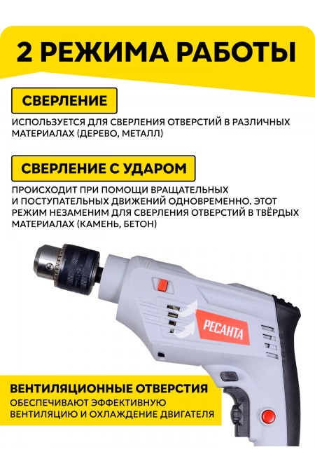 Дрель ударная Ресанта ДУ-15/680 (75/8/2) 3