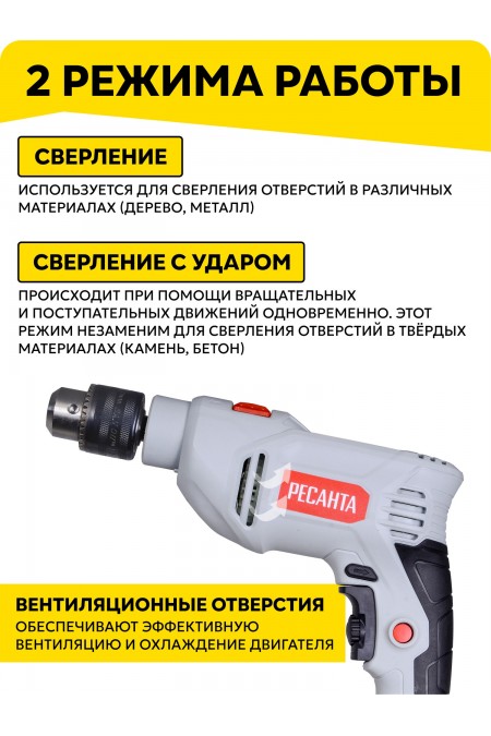 Дрель ударная Ресанта ДУ-15/850 (75/8/3) 3