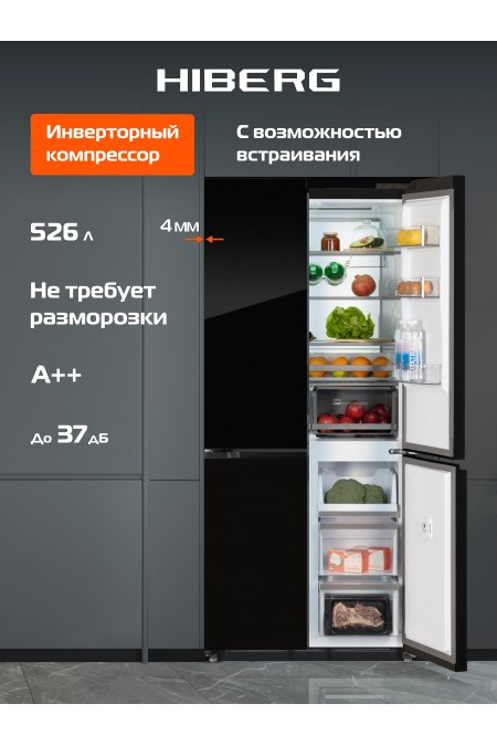 Холодильник Hiberg i-RFQ 600 GB (Side-by-side) (черное мерцающее стекло) 