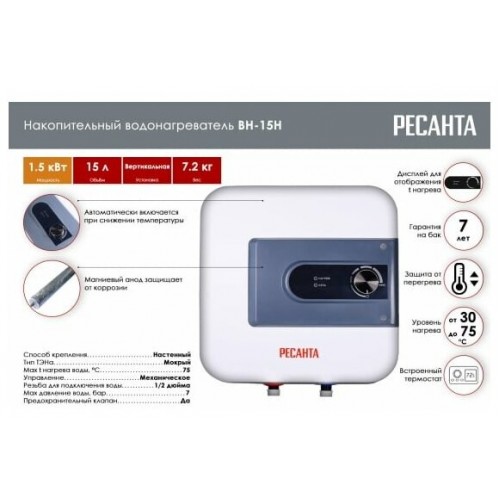 Накопительный электрический водонагреватель Ресанта ВН-15Н (белый/синий) 1