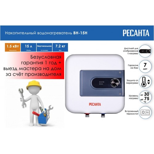 Накопительный электрический водонагреватель Ресанта ВН-15Н (белый/синий) 8