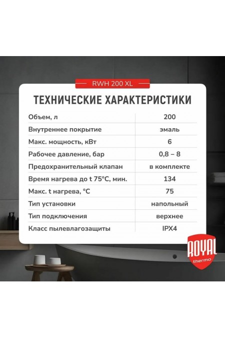 Накопительный электрический водонагреватель Royal Thermo RWH 200 XL (серый) 5