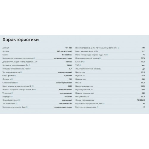 Накопительный комбинированный водонагреватель Thermex IRP 200 V (combi) (белый) 2