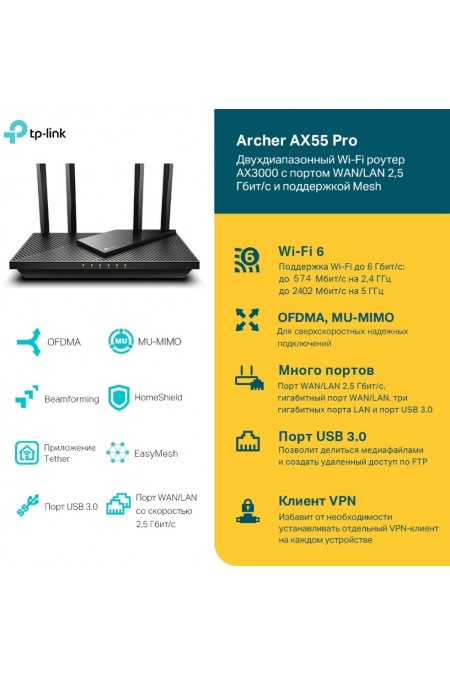 Wi-Fi роутер TP-LINK Archer AX55 Pro AX3000 (черный) 1