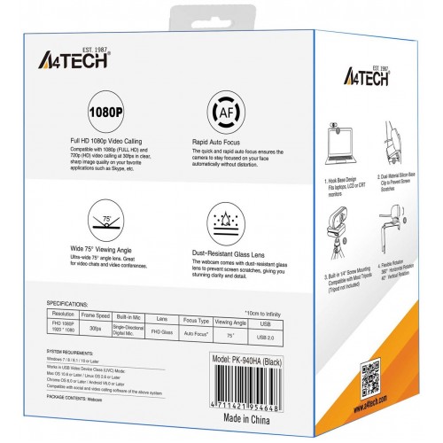 Веб-камера A4Tech PK-940HA (черный) 