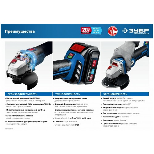 Шлифмашина угловая ЗУБР AB-125 бех АКБ 4