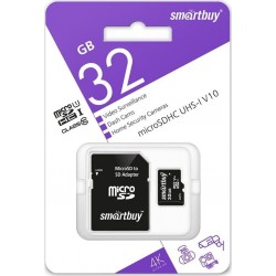 Карта памяти SMARTBUY micro SDHC Class 10 U1 V10 32GB (SB32GBSDCCTV) + SD адаптер (черный)