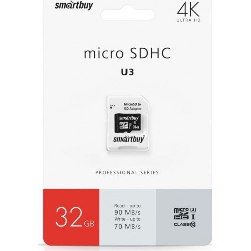 Карта памяти SMARTBUY MICRO SDHC CLASS10 PRO U3 R/W: 90/70 MB/S (SB32GBSDCL10U3-01) 32GB (с адаптером SD) 
