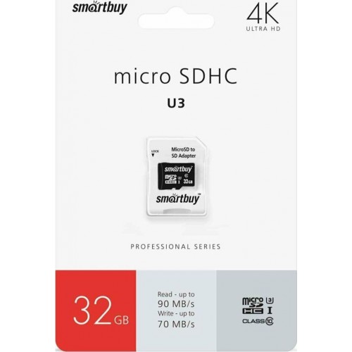 Карта памяти SMARTBUY MICRO SDHC CLASS10 PRO U3 R/W: 90/70 MB/S (SB32GBSDCL10U3-01) 32GB (с адаптером SD) 3
