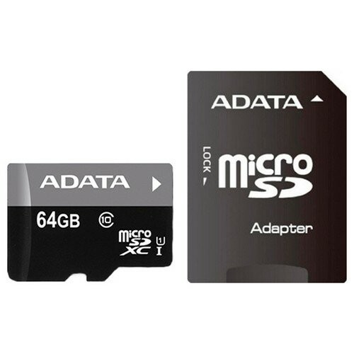 Карта памяти ADATA Premier microSDXC UHS-I U1 V10 A1 Class10 64GB + SD адаптер (AUSDX64GUICL10A1-RA1) (черный) 
