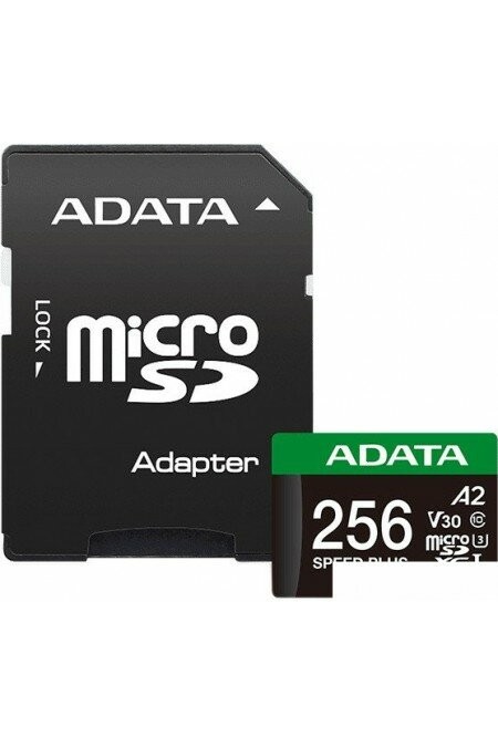 Карта памяти ADATA microSDXC Class 10 UHS-I U3 V30 A2 180/160 MB/s 256GB + SD адаптер (UD256GUI3V30A2SP-RA1) (черный) 