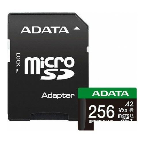 Карта памяти ADATA microSDXC Class 10 UHS-I U3 V30 A2 180/160 MB/s 256GB + SD адаптер (UD256GUI3V30A2SP-RA1) (черный) 