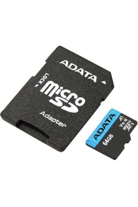 Карта памяти ADATA Premier microSDXC UHS-I U1 V10 A1 Class10 64GB + SD адаптер (AUSDX64GUICL10A1-RA1) (черный) 