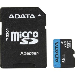 Карта памяти ADATA Premier microSDXC UHS-I U1 V10 A1 Class10 64GB + SD адаптер (AUSDX64GUICL10A1-RA1) (черный)