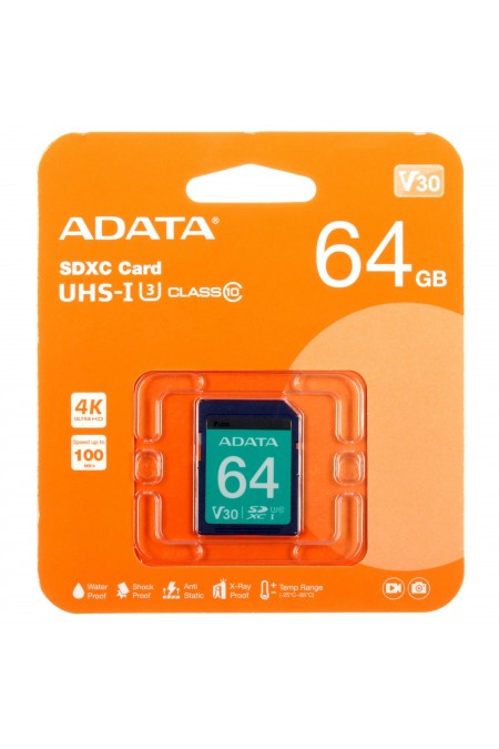 Карта памяти ADATA Premier Pro SDXC Class 10 UHS-I U3 V30S 64GB (ASDX64GUI3V30S-R) 