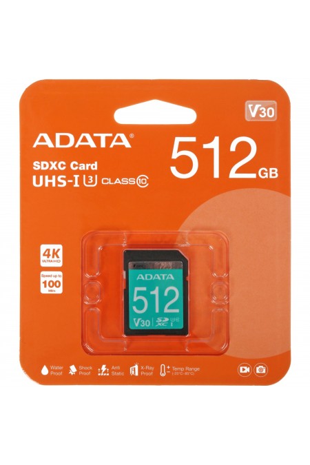 Карта памяти ADATA SDXC Class 10 UHS-I U3 V30S 100/85 MB/s (ASDX512GUI3V30S-R) 512GB (черный) 