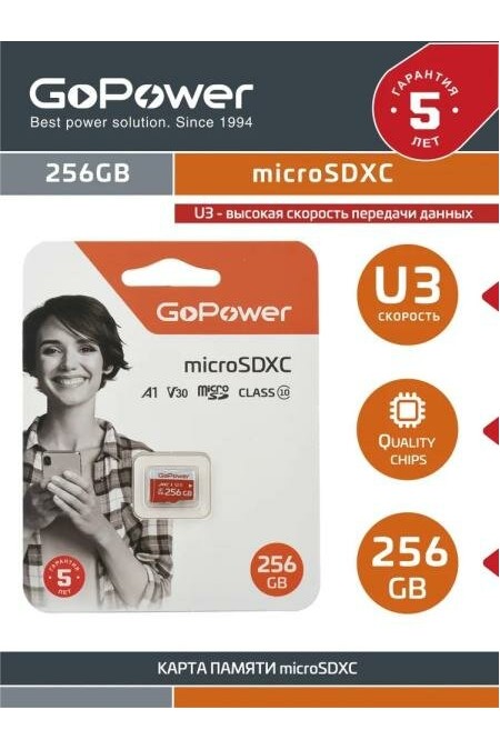 Карта памяти GoPower microSD Class10 UHS-I (U3) V30 256GB без адаптера (черный) 