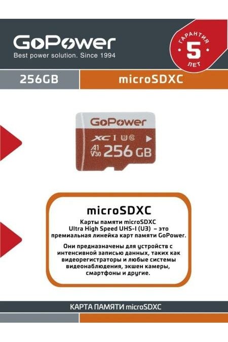 Карта памяти GoPower microSD Class10 UHS-I (U3) V30 256GB без адаптера (черный) 1