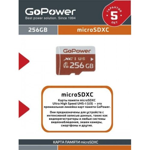 Карта памяти GoPower microSD Class10 UHS-I (U3) V30 256GB без адаптера (черный) 1