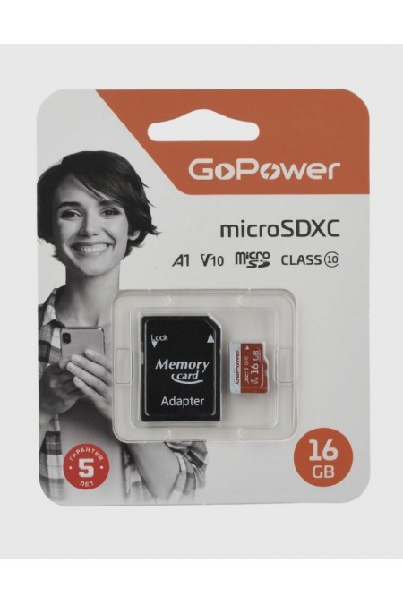 Карта памяти GoPower microSD Class10 V10 16GB +SD адаптер 