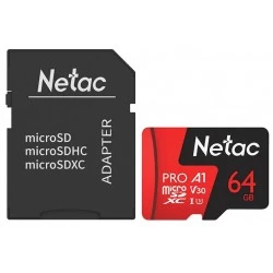 Карта памяти Netac MicroSD P500 Extreme Pro (NT02P500PRO-064G-R) + adapter 64GB (черный/красный)