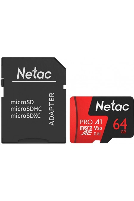 Карта памяти Netac MicroSD P500 Extreme Pro (NT02P500PRO-064G-R) + adapter 64GB (черный/красный) 