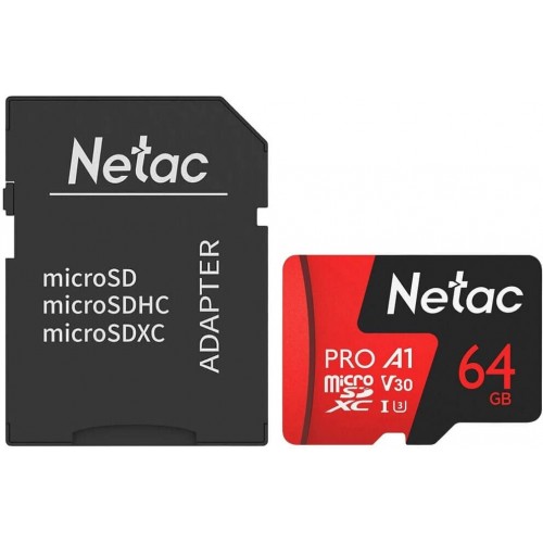 Карта памяти Netac MicroSD P500 Extreme Pro (NT02P500PRO-064G-R) + adapter 64GB (черный/красный) 1