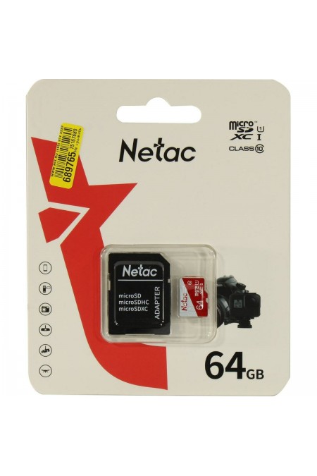 Карта памяти Netac MicroSDXC P500 ECO (NT02P500ECO-064G-R) 64GB + SD адаптер (белый/красный) 
