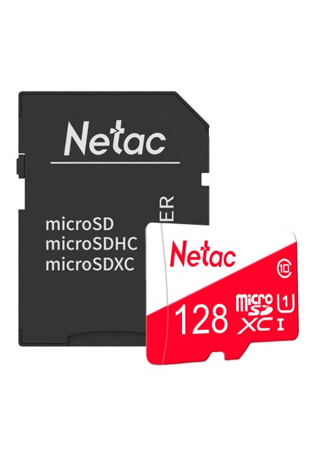 Карта памяти Netac MicroSDXC P500 ECO U1 C10 128GB + SD адаптер (белый/красный) 