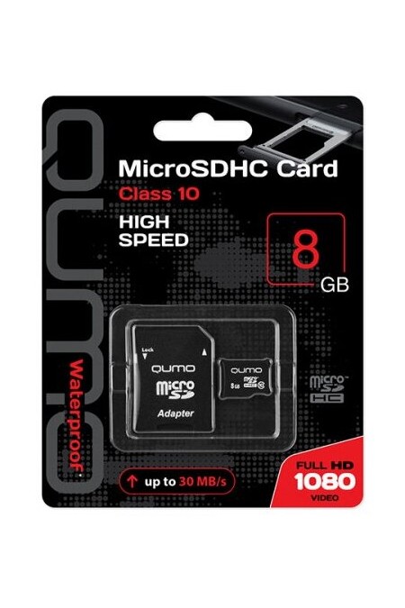 Карта памяти QUMO MicroSDHC Class 10 8GB +SD адаптер (QM8GMICSDHC10) (черный) 