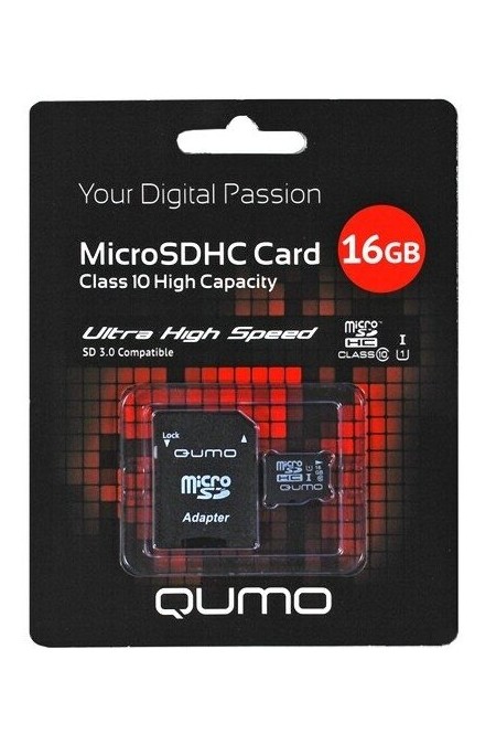 Карта памяти QUMO MicroSDHC Class 10 UHS-I 16GB + (SD адаптер) (QM16GMICSDHC10U1) 