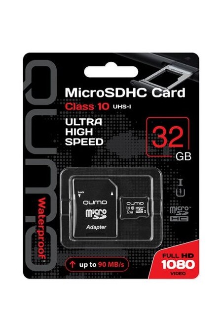 Карта памяти Qumo microSDHC class 10 UHS-I U1 32GB + SD адаптер (QM32GMICSDHC10U1) (черный) 