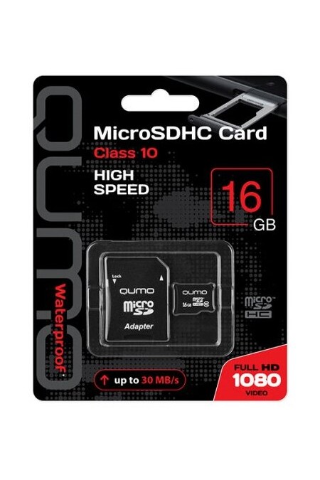 Карта памяти QUMO MicroSDHC Сlass 10 16GB + SD адаптер (черный) 