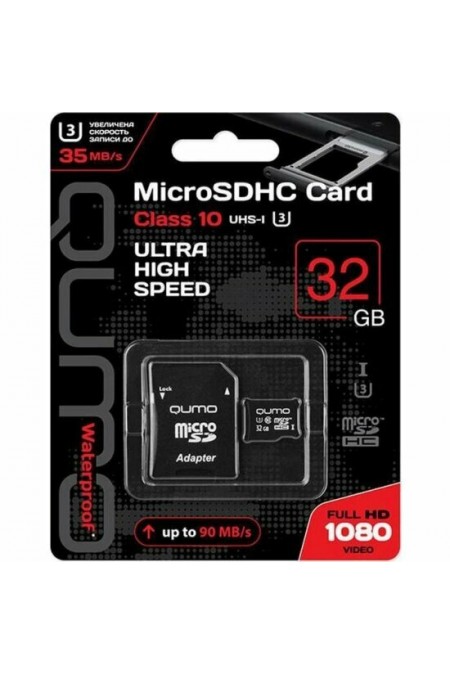 Карта памяти Qumo MicroSDHC Сlass 10 UHS-I U3 3.0 32GB + SD адаптер (QM32GMICSDHC10U3) (черный) 